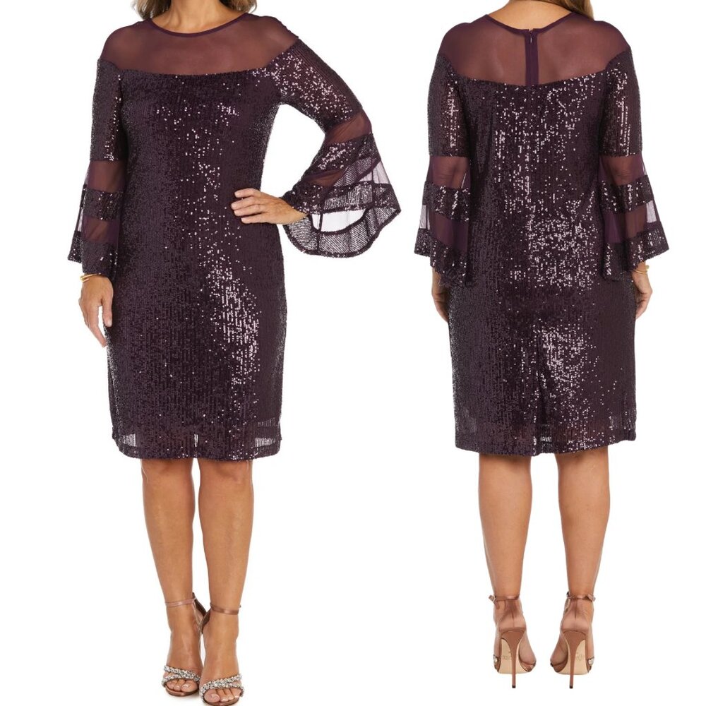 R&M Richards Plum Sequin Mesh Tiered Bell Sleeve Dress Womens 22W Cocktail Party
